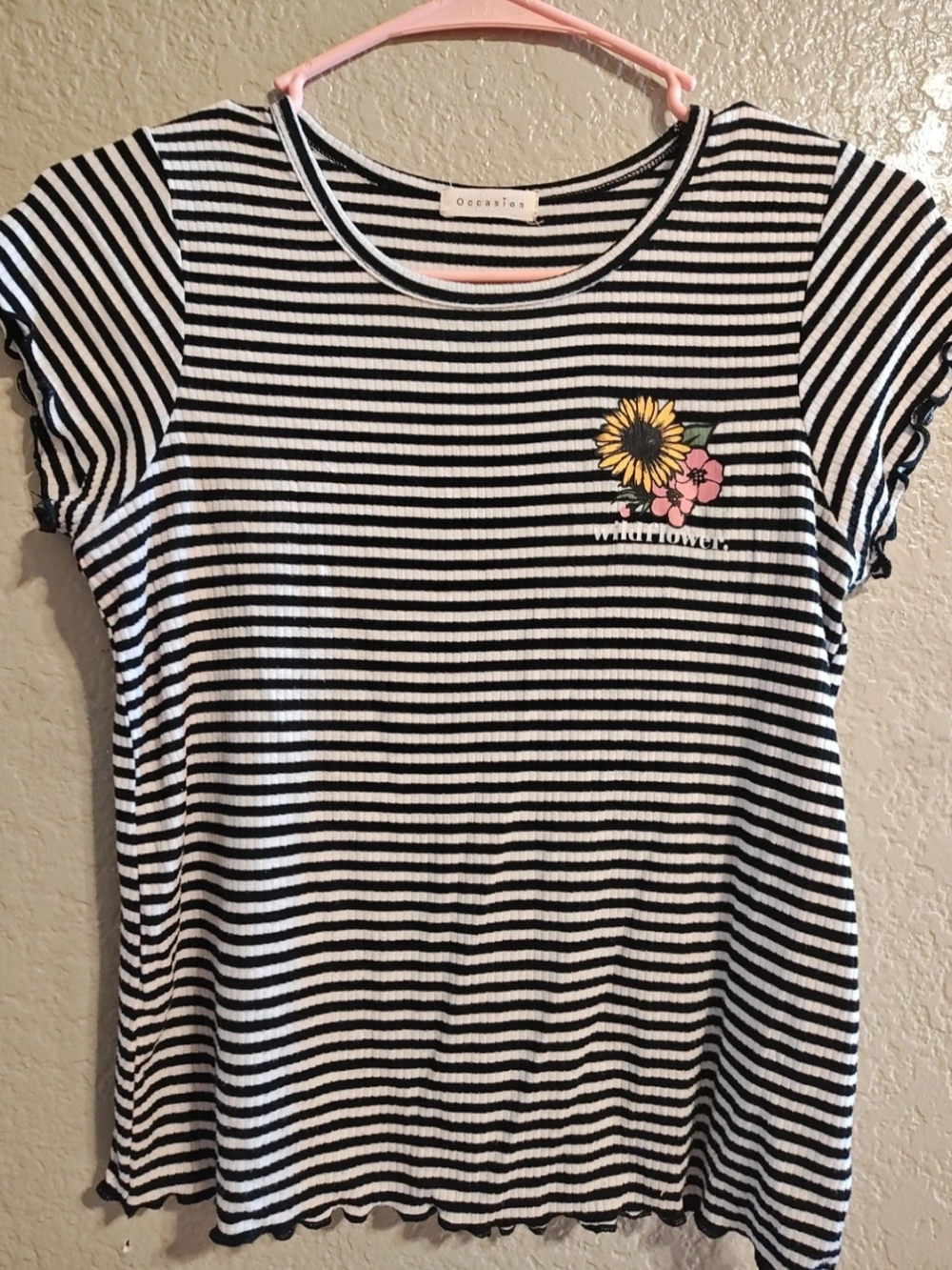 Occasion Black & White Striped Tee with Sunflower and Pink Blossom